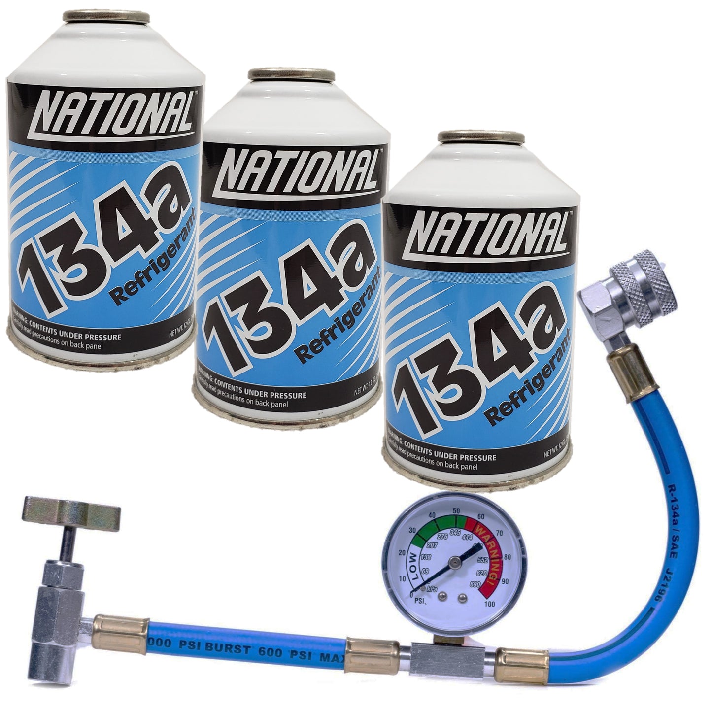 National Auto A/C Air Conditioning 12oz ea | 3 Can + Charging Hose & Gauge